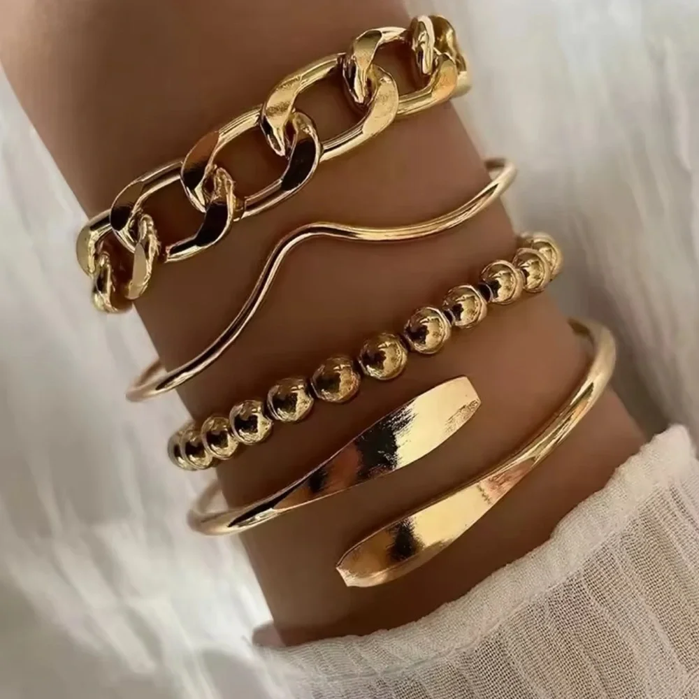 Four 4 Bracelets Set Gold